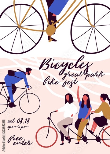 Poster, flyer or invitation template for bicycle parade, race or festival with men and women riding bikes. Colorful vector illustration in cartoon flat style for event announcement, advertisement.