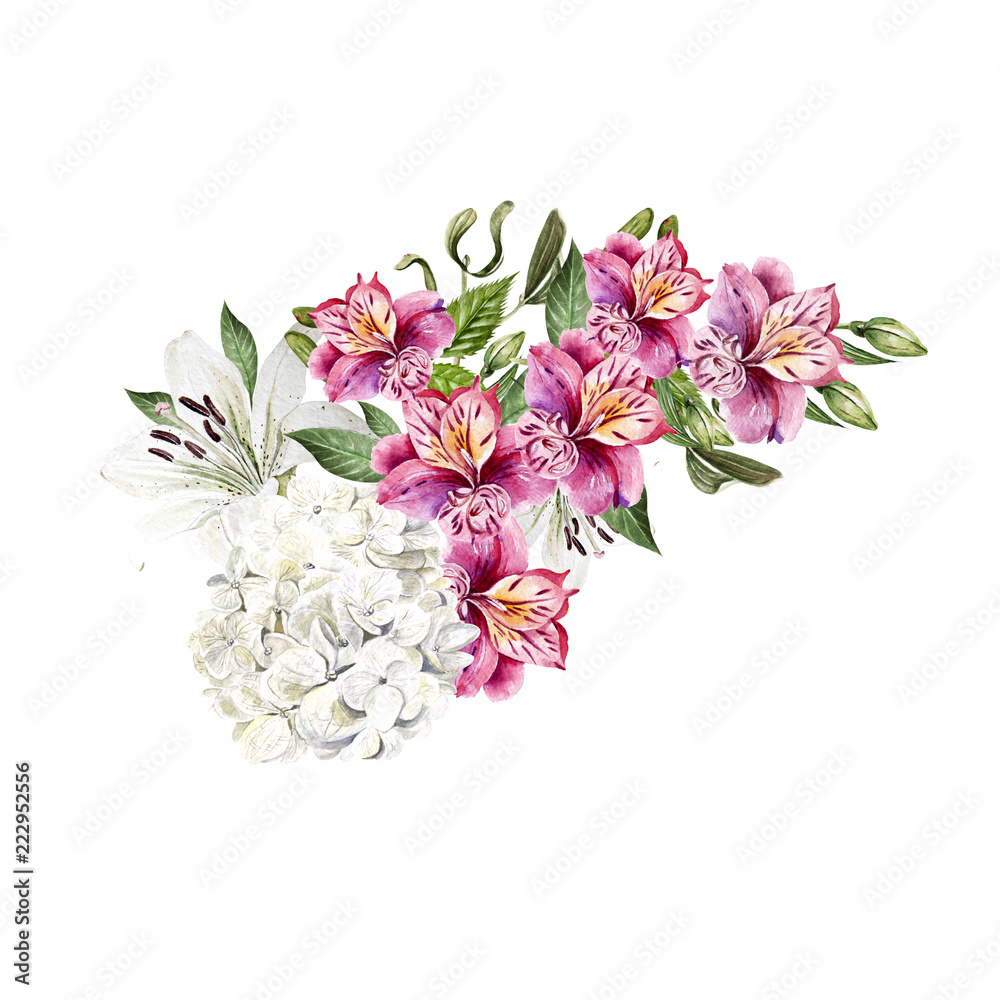 Beautiful watercolor wedding  bouquet with leaves and flowers of lily, alstroemeria and hudrangea. 