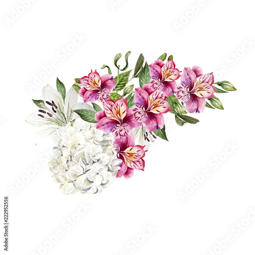 Beautiful watercolor wedding  bouquet with leaves and flowers of lily, alstro...