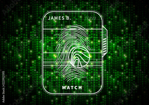 Fingerprint scan futuristic concept on abstract green matrix symbols