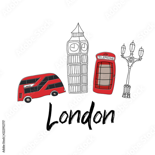 Vector  doodle illustration symbols of London  the UK. Famous British symbols in the simple minimalistic style. Ideal for souvenir production