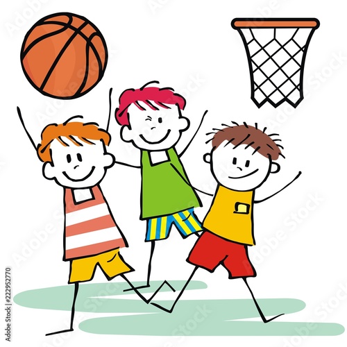 sports team, three happy kids , basketball, vector icon	