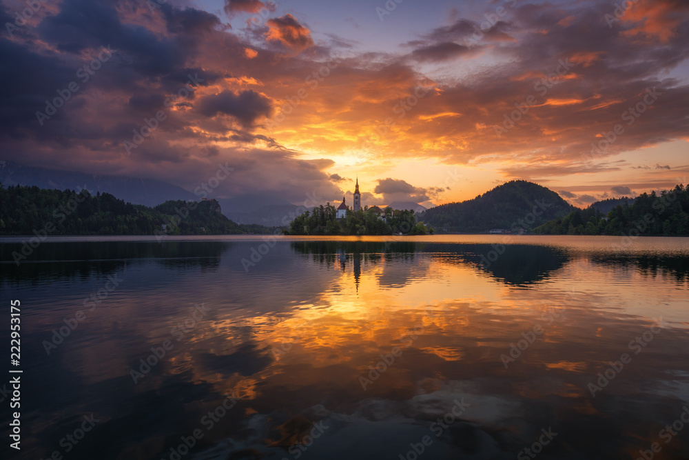 Lake Bled Slovenia. Beautiful mountain Bled lake with small Pilgrimage Church. Most famous Slovenian lake and island Bled with Pilgrimage Church of the Assumption of Maria. Bled, Slovenia.