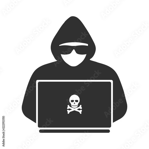 Icon of a hacker with a laptop.