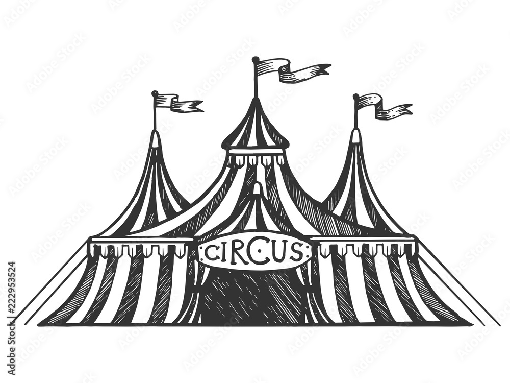 Circus tent engraving vector illustration. Scratch board style imitation. Black and white hand drawn image. Circus tent engraving vector illustration. Scratch board style imitation. Black and white hand drawn image.