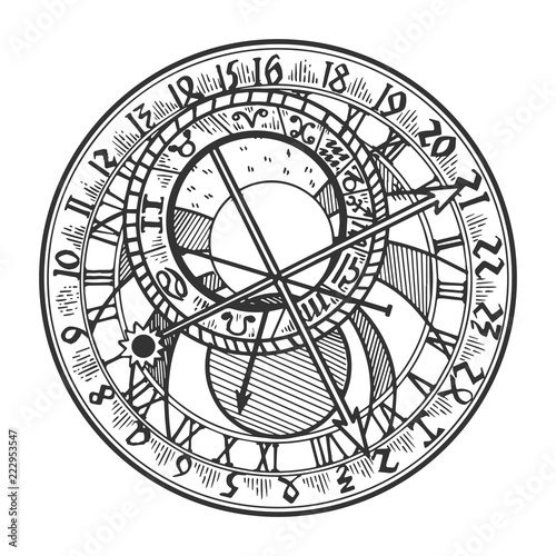 Prague astronomical clock engraving vector illustration. Scratch board style imitation. Black and white hand drawn image.