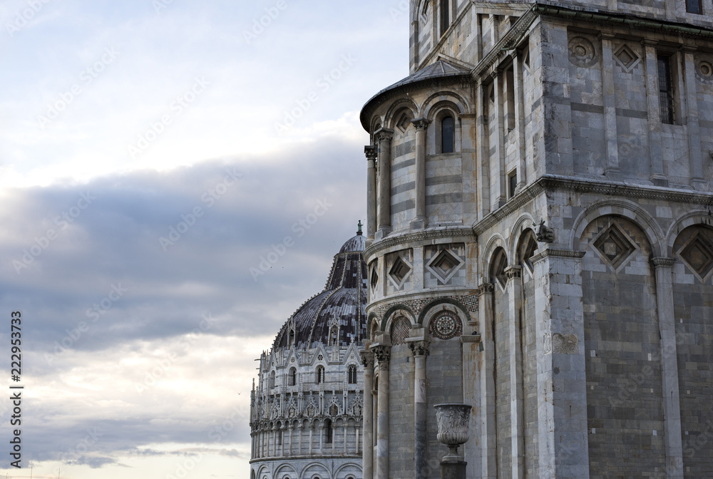 Detail of the Baptistery and the Cathedral in Piazza dei Miracoli, Pisa