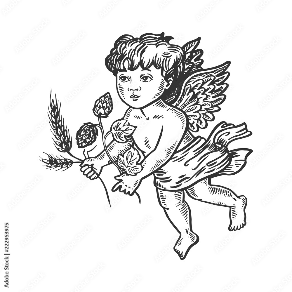 custom made wallpaper toronto digitalAngel with barley and hops engraving vector illustration. Scratch board style imitation. Black and white hand drawn image.