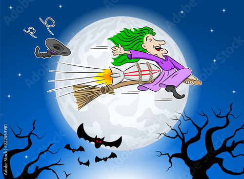witch flying over the moon