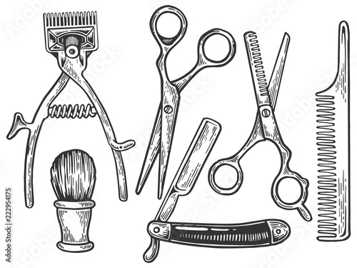Vintage barber tools engraving vector illustration. Scratch board style imitation. Black and white hand drawn image.