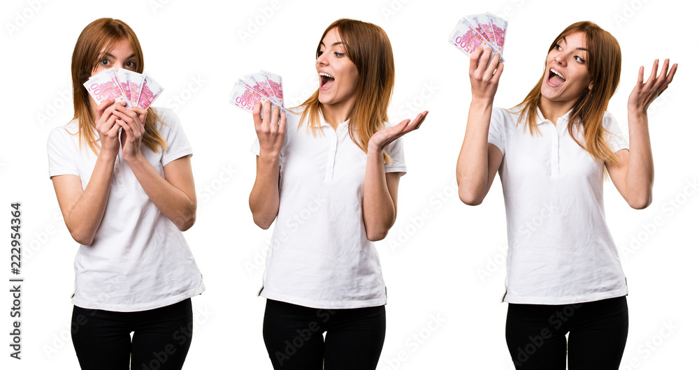 Set of Happy Beautiful young girl taking a lot of money Set of Happy Beautiful young girl taking a lot of money