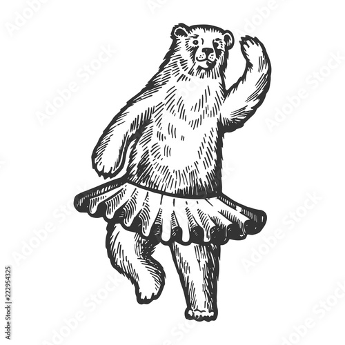 Dancing circus bear animal engraving vector illustration. Scratch board style imitation. Black and white hand drawn image.