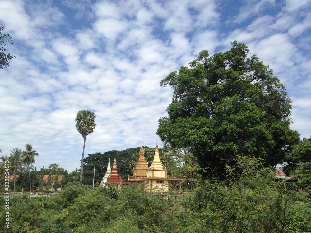 Abandoned temple, clouds on the sky. Travel to Cambodia.