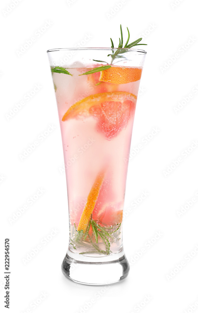 Fresh grapefruit cocktail with rosemary in glass on white background Fresh grapefruit cocktail with rosemary in glass on white background