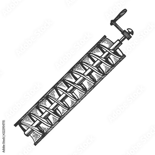 Archimedes screw mechanic lift device engraving vector illustration. Scratch board style imitation. Black and white hand drawn image.