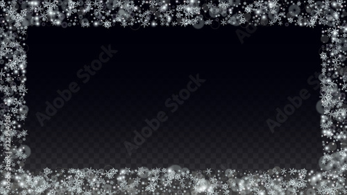Christmas  Vector Background with White Falling Snowflakes Isolated on Transparent Background. Realistic Snow Sparkle Pattern. Snowfall Overlay Print. Winter Sky. Design for Party Invitation.