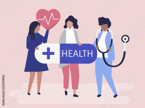 Characters of people holding healthcare icons illustration