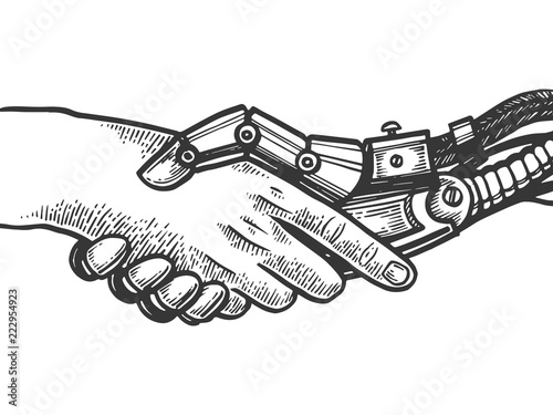 Mechanical human robot handshake engraving vector illustration. Scratch board style imitation. Black and white hand drawn image.