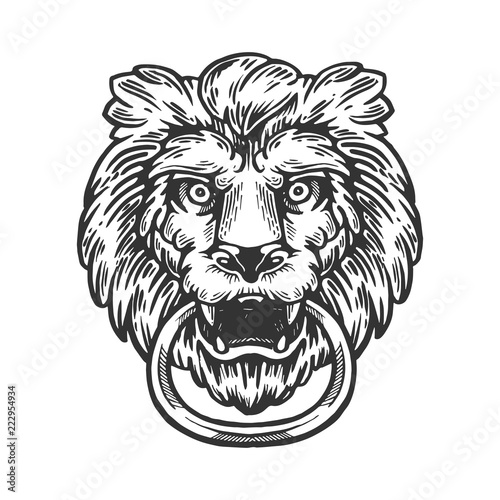 Lion animal ring door handle knob engraving vector illustration. Scratch board style imitation. Black and white hand drawn image.