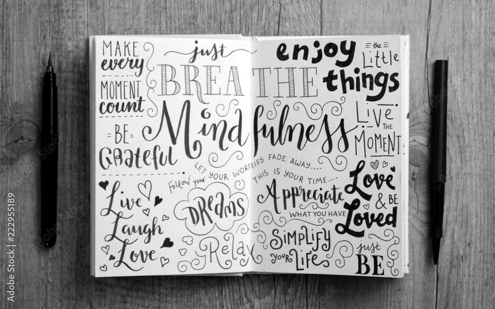© HowLettery Studio - MINDFULNESS hand-lettered sketch notes in notepad on wooden desk with cup of coffee and pens
