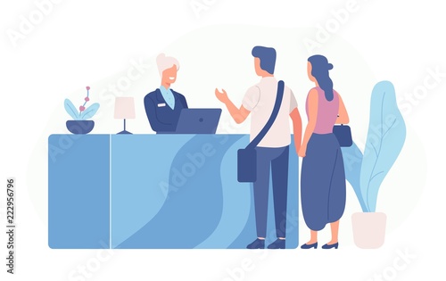 Pair of tourists or travellers standing at reception desk and talking to receptionist. Scene with guests at hotel lobby isolated on white background. Colored vector illustration in flat cartoon style.