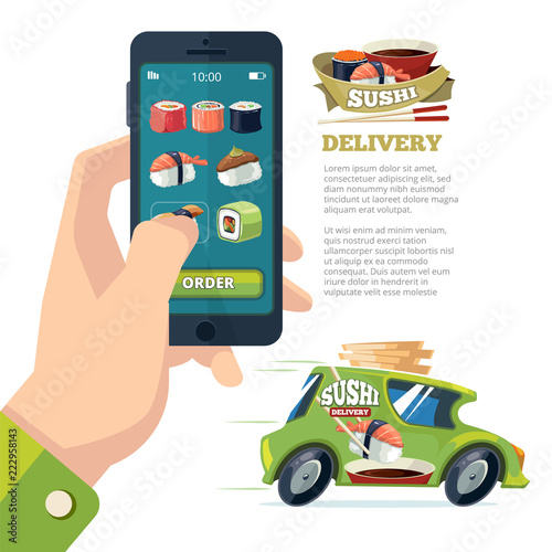 order sushi online. man holding smartphone and