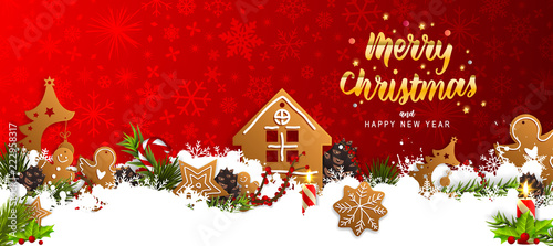 Christmas border (Weihnachten Girlande) with fir branches, pine cones, holly, and string lights. Merry Christmas background with Merry Christmas greeting card.