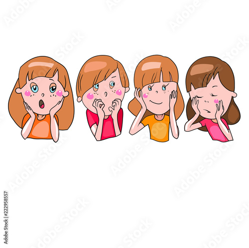 Cute girls and boy, scared, emotions on the faces of children, cartoon character, vector color illustration, for design, preschool children