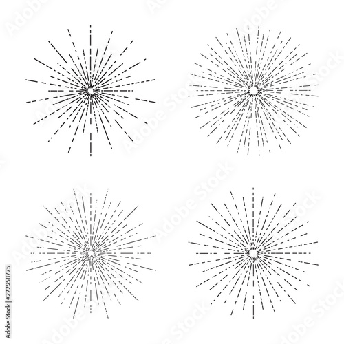 Retro sun bursts set, Vintage radiant sun rays shapes collection for logo, labels or emblems and typography decoration template vector Illustration isolated on white background.