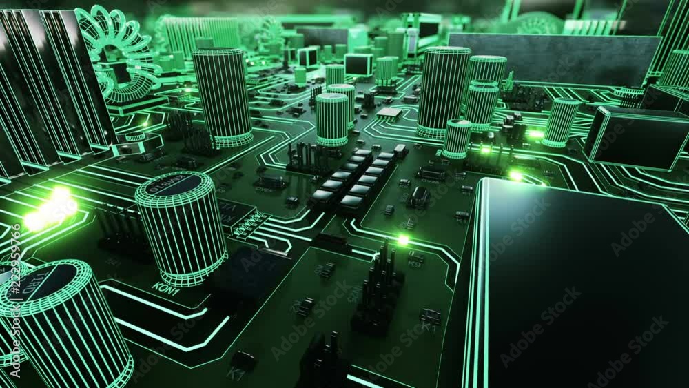 Beautiful Flight Over Main Card With Green Signals on Tracks and Moving Inside Processor. Abstract 3d Animation in Cyberspace with Bright Flashes and Numbers. Digital Concept. 4k UHD 3840x2160.