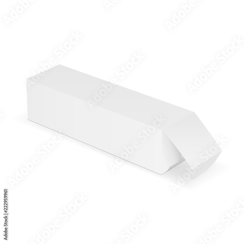 Long rectangular cardboard box with opened lid - side view. Horizontal packaging mockup isolated on white background. Vector illustration