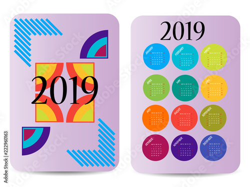 Calendar 2019. Colorful calendar with geometric print. Week starts from Sunday. Two-sided design.