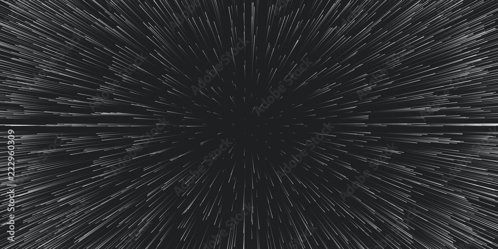 Vector lightspeed travel background. Centric motion of star trails. Light of galaxies blurred into rays or lines under high speed of motion. Burst, explosion backdrop.