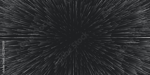 Vector lightspeed travel background. Centric motion of star trails. Light of galaxies blurred into rays or lines under high speed of motion. Burst, explosion backdrop.