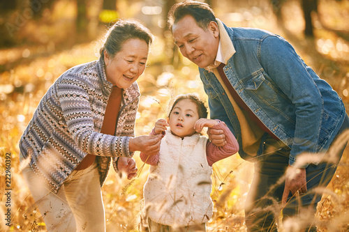 The little girl and her grandparents outdoor outing photo