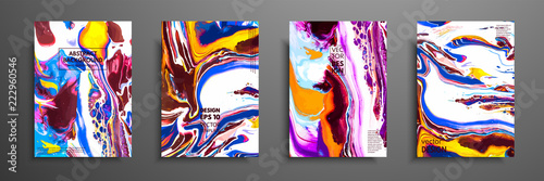 Covers with acrylic liquid textures. Colorful abstract composition. Modern artwork. Vector illustrations with mixed blue, purple, orange and white color. Applicable for design placard, flyer, poster.
