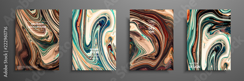 Flyer layout template with mixture of acrylic paints. Liquid marble texture. Fluid art. Applicable for design cover, flyer, poster, placard. Mixed green, brown and yellow paints