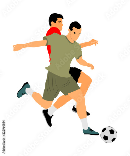 Soccer players in duel vector illustration isolated on white background. Football player battle for the ball and position. Attractive sport game, superstars on the scene.