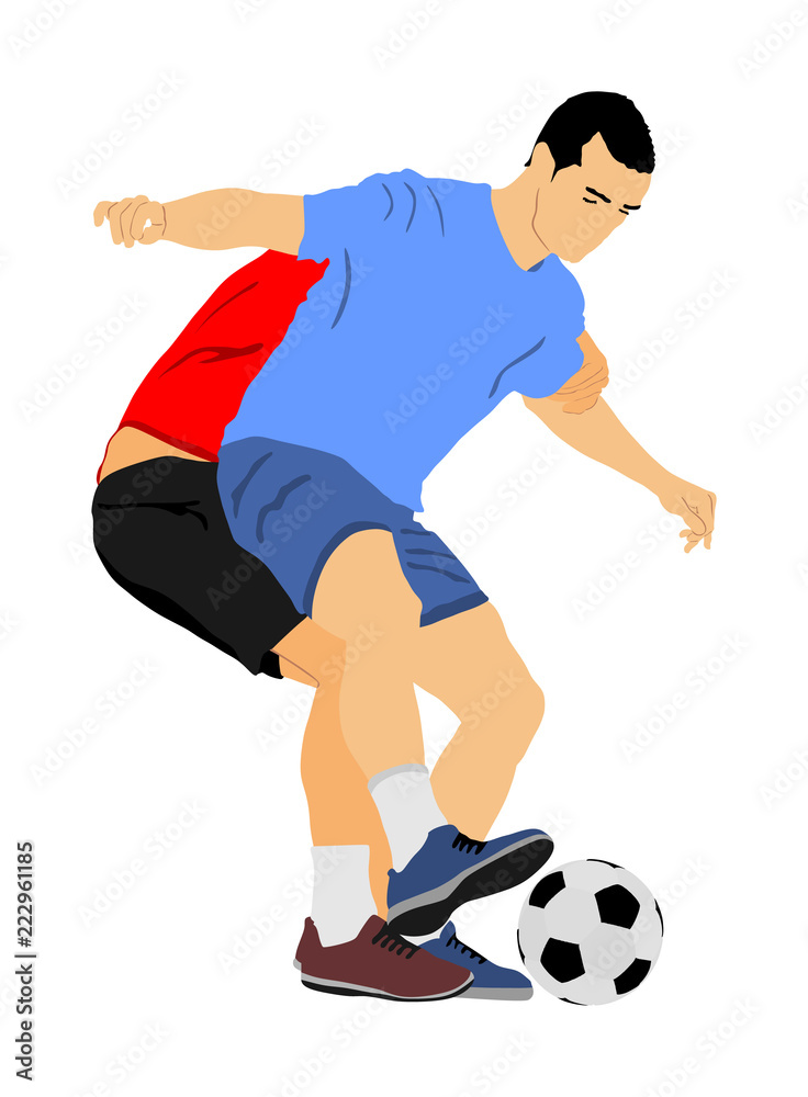 Soccer players in duel vector illustration isolated on white background. Football player battle for the ball and position. Attractive sport game, superstars on the scene.