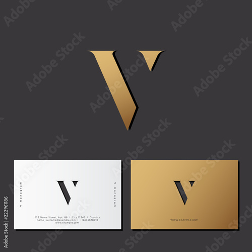  V letter. Optical illusion gold monogram. Gold V logo on a dark background. Identity. Business card.