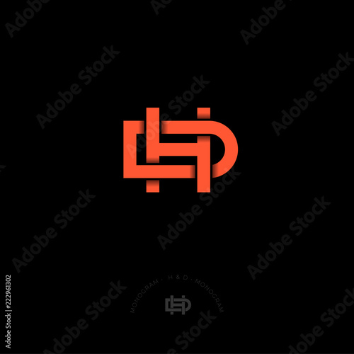 H and D letters. H and D monogram consist of twisted red lines, isolated on a dark background. Monochrome option.