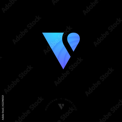 V monogram. Water logo. Blue letter with drop, isolated on a dark background. Monochrome option.