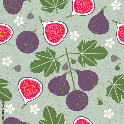 Ripe red figs and half-cut figs seamless pattern. Red figs with leaves and flowers on shabby background. Original simple flat illustration. Shabby style.