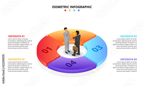 Vector isometric infographic with businessman handshake. Template for diagram, presentation and pie chart. Business concept with 4 options, parts, steps or processes. Partnership concept.