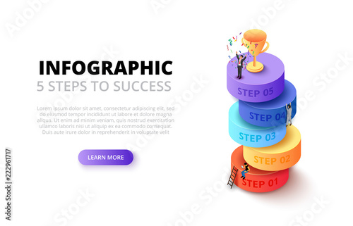 Vector isometric cylinders with people and gold cup for start up infographic. Growth concept with 5 steps, options, parts or processes.
