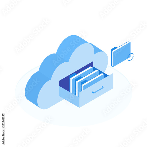 Cloud data storage flat 3d isometric business technology server concept. Document drawer in cloud-shaped cabinet. Modern isometric vector illustration