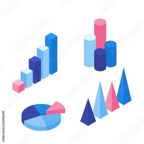 Set of colorful infographic vector elements: presentation graphics, statistics of data and diagrams. Modern 3d isometric vector design