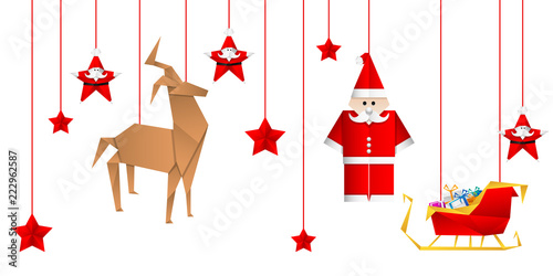 Christmas card background - Paper Origami. Merry Christmas greeting card with origami Santa Claus, Christmas trees, reindeer, gift boxes, and Snowman.