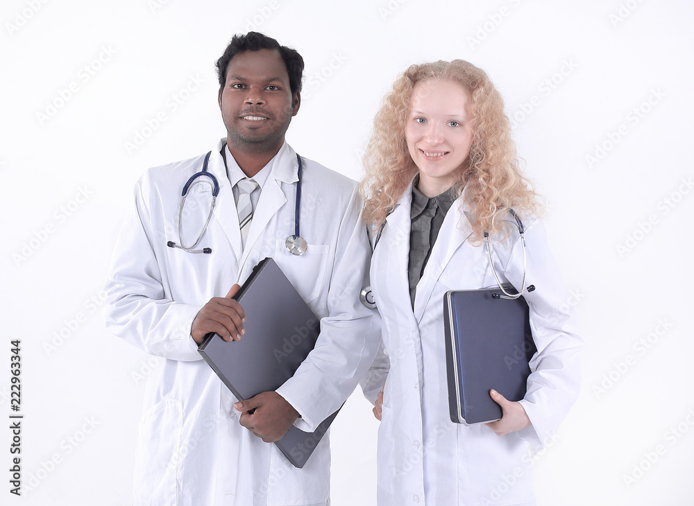 two doctors of the medical center with laptops two doctors of the medical center with laptops
