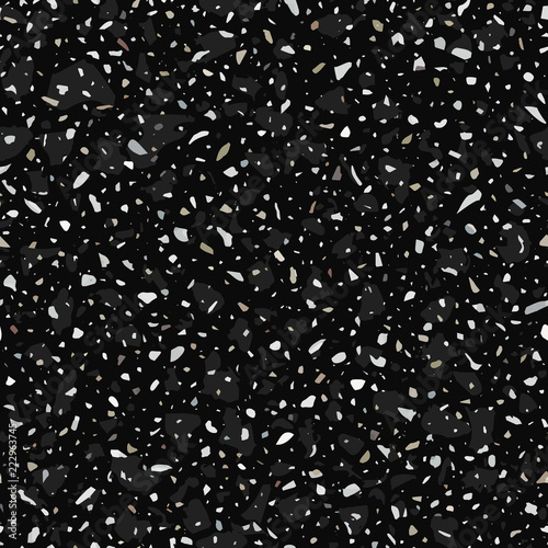 Terrazzo flooring vector seamless pattern in dark colors with accents. Classic italian type of floor in Venetian style composed of natural stone, granite, quartz, marble, glass and concrete